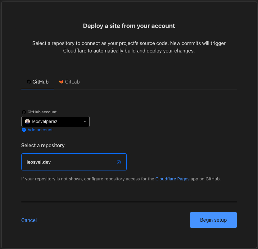 Screenshot with Github account and repository selected